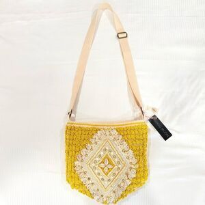 Indigo Moon Vintage Beaded Purse Crochet Mustard Yellow Crossbody NWT